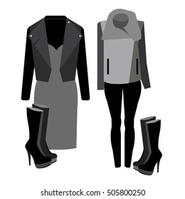 Dress, vector. Fashion, jacket, shirt, shoes, clothing, set collection.