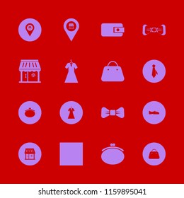 dress vector icons set. with black bow tie, store location, handbag and purse in set