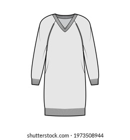Dress V-neck Sweater technical fashion illustration with long raglan sleeves, relax fit, knee length, knit rib trim. Flat jumper apparel front, grey color style. Women, men unisex CAD mockup