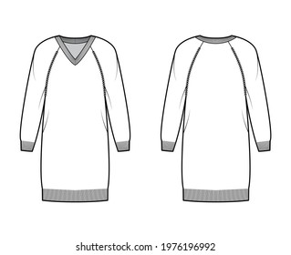 Dress V-neck Sweater technical fashion illustration with long raglan sleeves, relax fit, knee length, knit rib trim. Flat jumper apparel front, back, white color style. Women, men unisex CAD mockup