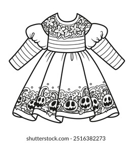 Dress for a witch with autumn jack lantern embroidery dress with striped sleeves outlined. Image produced without the use of any form of AI software at any stage.