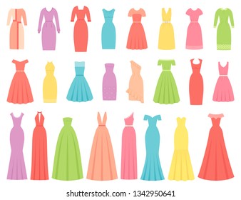 Dress for women. Vector. Evening, cocktail and business dresses. Dress apparel set isolated. Girl clothing in flat design. Cartoon illustration. Female textile garment silhouette on white background.