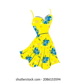 Dress yellow with blue flowers. Silhouette of an elegant women's  summer dress with a wide skirt and thin straps. Icon vector illustration isolated on white background
