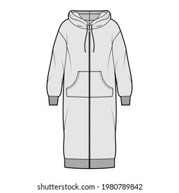 Dress zip-up hoody technical fashion illustration with long sleeves, kangaroo pouch, rib cuff oversized body, knee length skirt. Flat apparel front, grey color style. Women, men unisex CAD mockup