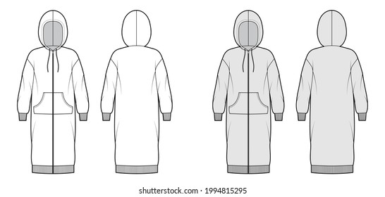 Dress zip-up hoody technical fashion illustration with long sleeves, kangaroo pouch, rib cuff, knee length skirt. Flat apparel front, back, white, grey color style. Women, men unisex CAD mockup