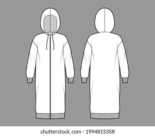 Dress zip-up hoody technical fashion illustration with long sleeves, rib cuff oversized body, knee length skirt. Flat apparel front, back, white color style. Women, men unisex CAD mockup