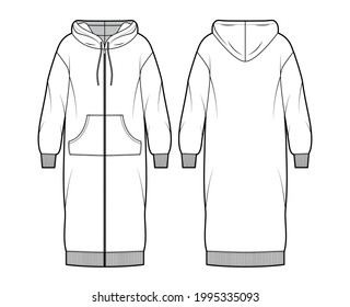 Dress zip-up hoody technical fashion illustration with long sleeves, kangaroo pouch, rib cuff oversized body, knee length skirt. Flat apparel front, back, white color style. Women, unisex CAD mockup