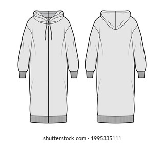 Dress zip-up hoody technical fashion illustration with long sleeves, rib cuff oversized body, knee length skirt. Flat apparel front, back, grey color style. Women, men unisex CAD mockup