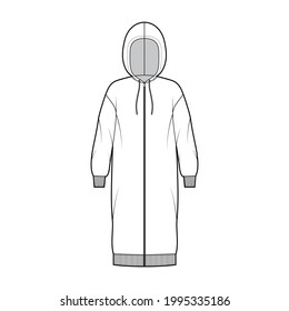 Dress zip-up hoody technical fashion illustration with long sleeves, rib cuff oversized body, knee length skirt. Flat apparel front, white color style. Women, men unisex CAD mockup