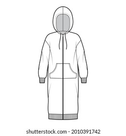 Dress zip-up hoody technical fashion illustration with long sleeves, kangaroo pouch, rib cuff oversized body, knee length skirt. Flat apparel front, white color style. Women, men unisex CAD mockup