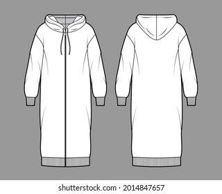 Dress zip-up hoody technical fashion illustration with long sleeves, rib cuff oversized body, knee length skirt. Flat apparel front, back, white color style. Women, men unisex CAD mockup