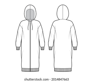 Dress zip-up hoody technical fashion illustration with long sleeves, rib cuff oversized body, knee length skirt. Flat apparel front, back, white color style. Women, men unisex CAD mockup