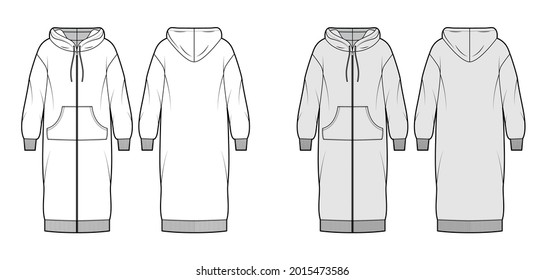 Dress zip-up hoody technical fashion illustration with long sleeves, kangaroo pouch, rib cuff oversized body, knee length skirt. Flat apparel front, back, white, grey color style. Women men unisex CAD