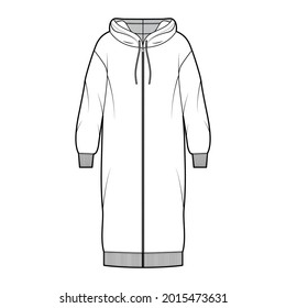 Dress zip-up hoody technical fashion illustration with long sleeves, rib cuff oversized body, knee length skirt. Flat apparel front, white color style. Women, men unisex CAD mockup
