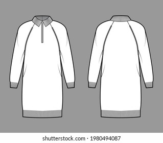 Dress Zip-up Sweater technical fashion illustration with rib henley neck, classic collar, long raglan sleeves, relax body, knee length, knit trim. Flat front, back, white color. Women, men CAD mockup