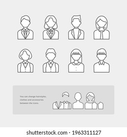 Dressable, simple line art icons of office worker