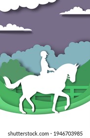 Dressage horse and rider silhouettes, vector illustration in paper art style. Equestrian sport, dressage horse training, horseback riding.