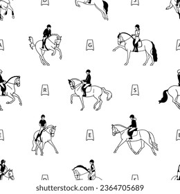 Dressage riders on horseback in the arena, seamless vector pattern