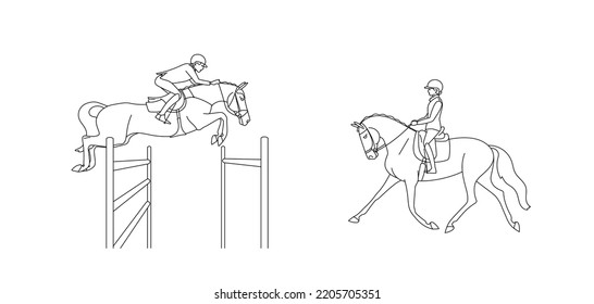 Dressage and show jumping, a simple outline for coloring book