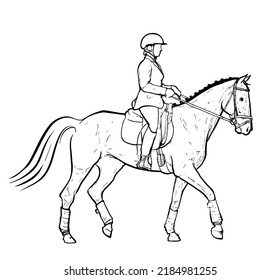 Dressage Training Woman Riding On Horse, Horseback Riding Outline Drawing On White