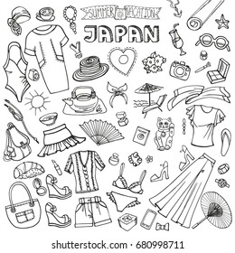 Dress,clothes,accessories. Hand drawing fashionable doodle background,summer party set.Isolated Sketches,summer time design template