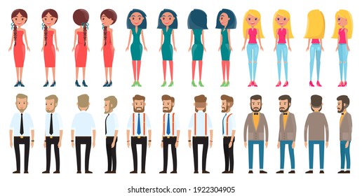 Dresscode of different women, men, brunette with pigtails and red dress, girl with bob hairstyle in green dress, smiling blonde in jeans, collection of different style businessmen in office costumes