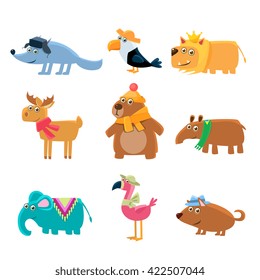 Dressed Animals Set Of Cute Childish Style Bright Color Design Icons Isolated On White Background