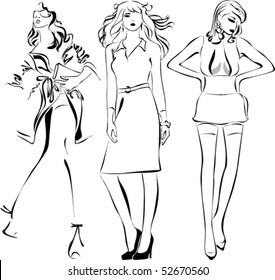 A lot of dressed beautiful woman silhuettes