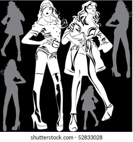 A lot of dressed beautiful woman silhuettes