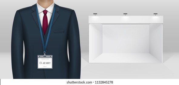 Dressed In Black Suit Businessman Business Man Id Card Badge Holder Lanyard Standing And Blank White Trade Booth Exhibition Stand Realistic Vector Illustration Isolated