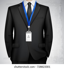 Dressed In Black Suit Businessman With Id Card Badge Holder On Blue Lanyard Realistic Image Vector Illustration