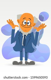 dressed in a blue suit and a white shirt with a tie, a cheerful bald man in glasses with a stylish beard raised his hands up, against a background of abstract shapes. smiling character. author's drawi
