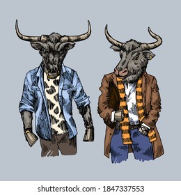 Dressed bull. Hand drawn beautiful vector illustration. Symbol of 2021 new year.