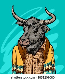 Dressed bull. Hand drawn beautiful vector illustration. Symbol of 2021 new year.