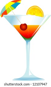 Dressed cocktail with umbrella, cherry and orange slice.