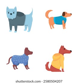 Dressed dog icons set cartoon vector. Different breed of dog in bright clothing. Cute pet, fashion