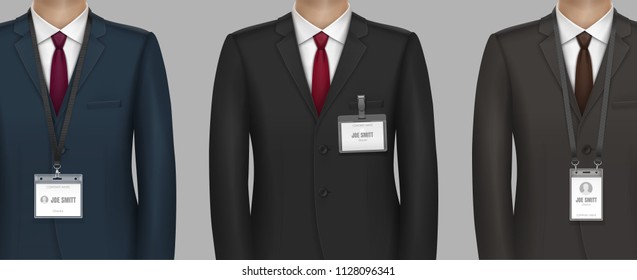 Dressed formally in classic suit businessman business man with name tag id badge card lanyard holder on strap clip realistic vector illustration set