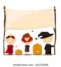 Dressed for Halloween masquerade kids holding a blank placard.  Party invitation or greeting.