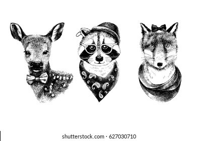 Dressed up hand drawn animals hipsters set. Vector fashion illustration