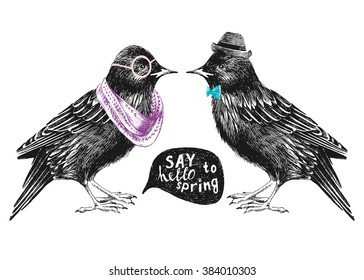 dressed up hand drawn starling couple