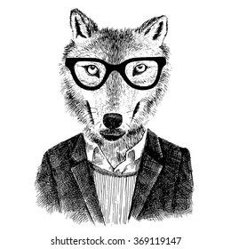 Dressed up hand drawn wolf hipster