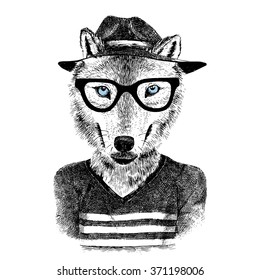 Dressed up hand drawn wolf hipster