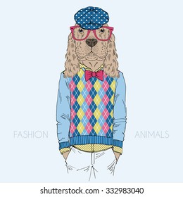  dressed up hipster dog, fashion animal illustration