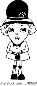 Dressed lady is thinking and holding her small handbag.