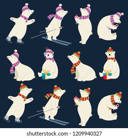 Dressed polar bears collection for Christmas designs. Isolated items. Flat design. Vector