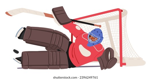 Dressed In Protective Gear, The Hockey Goalkeeper Defend The Net. Masked Determination And Poised Stance Mirror The Anticipation Of The Impending Puck Challenge. Cartoon People Vector Illustration