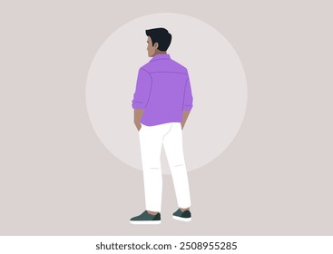 Vestido con una camisa morada y pantalones blancos, un hombre observa su entorno, encarnando la confianza y el estilo contemporáneo en un ambiente minimalista, perfecto para las ocasiones cotidianas