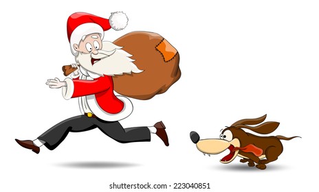 Dressed in a red Santa suit man with bag of presents, running from little crazy dog