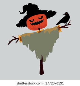 Dressed Scarecrow with a pumpkin.Autumn harvest with a Scarecrow with pumpkins and crows.On a light background .