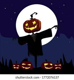 Dressed Scarecrow with a pumpkin.Autumn harvest with a Scarecrow with pumpkins and crows.On a dark background in 